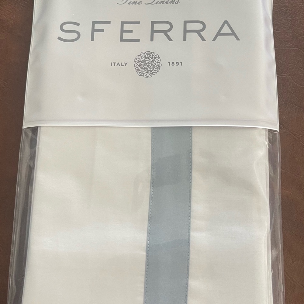 SFERRA Estate Euro King sham White Pillow Cover with Pale Blue Trim